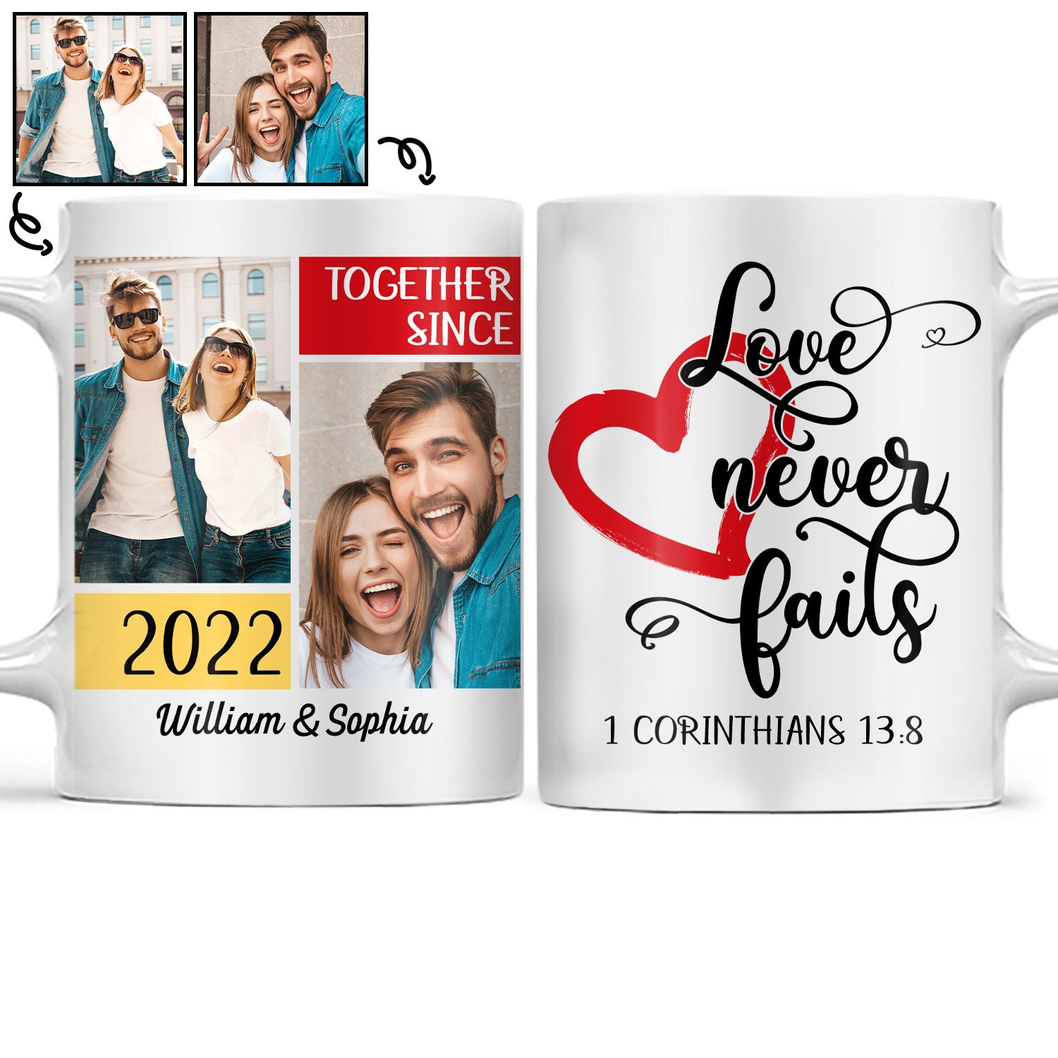 Custom Photo Love Never Fails Couple Husband Wife - Gift For Couple - Personalized Custom White Edge-to-Edge Mug