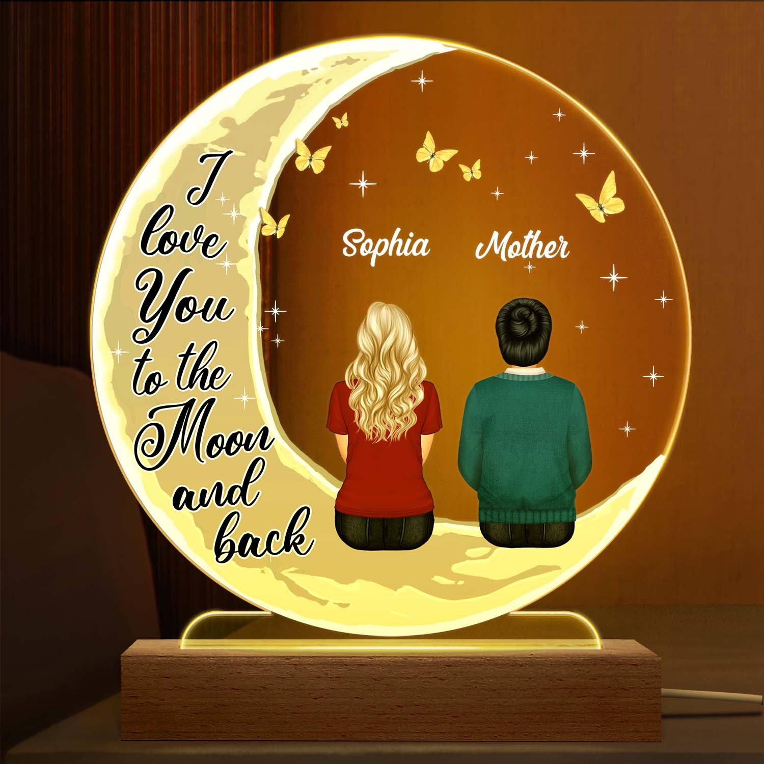 I Love You To The Moon And Back Grandma Mom - Memorial Gift - Mother Gift - Personalized Custom 3D Led Light Wooden Base