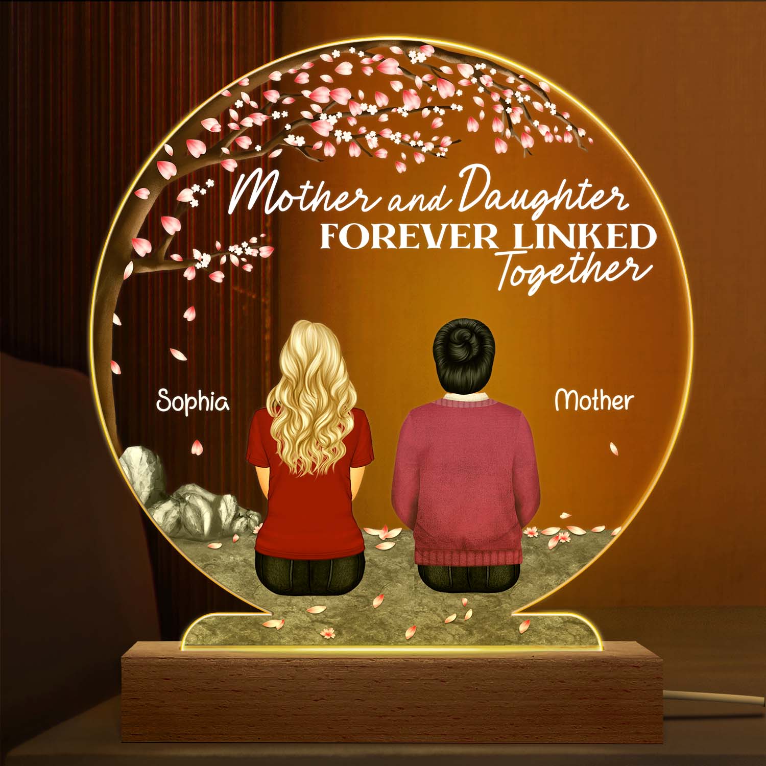 Mother And Daughter Son Forever Linked Together - Loving, Birthday Gift For Mother, Mom - Personalized Custom 3D Led Light Wooden Base