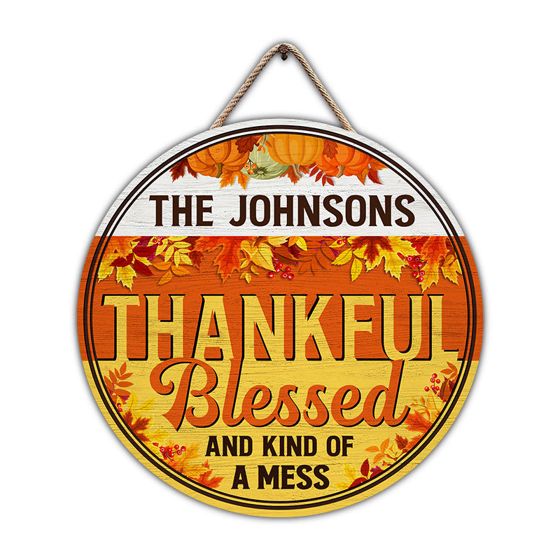 Thankful Blessed Farm Fall Autumn Thanksgiving Home Decor - Personalized Custom Wood Circle Sign