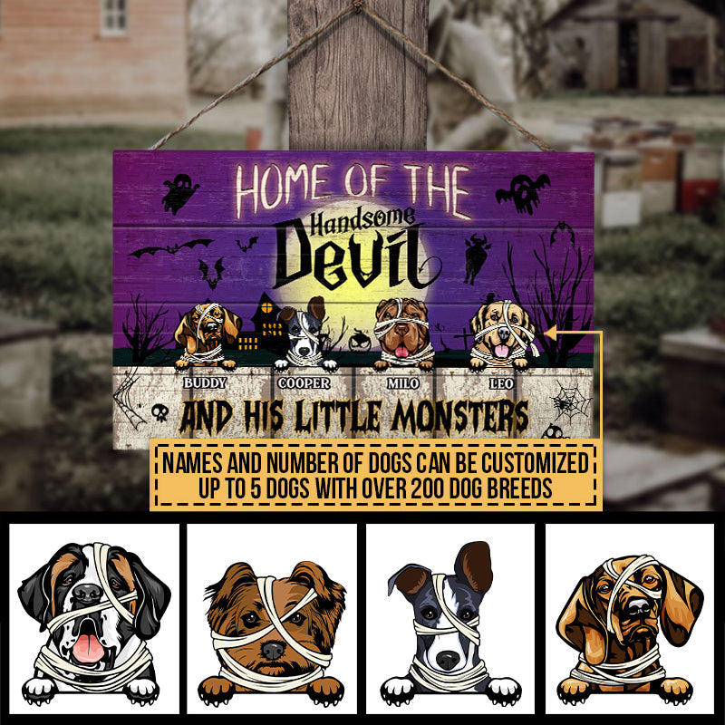 The Handsome Devil And His Little Monsters Custom Wood Rectangle Signs, Halloween Decor