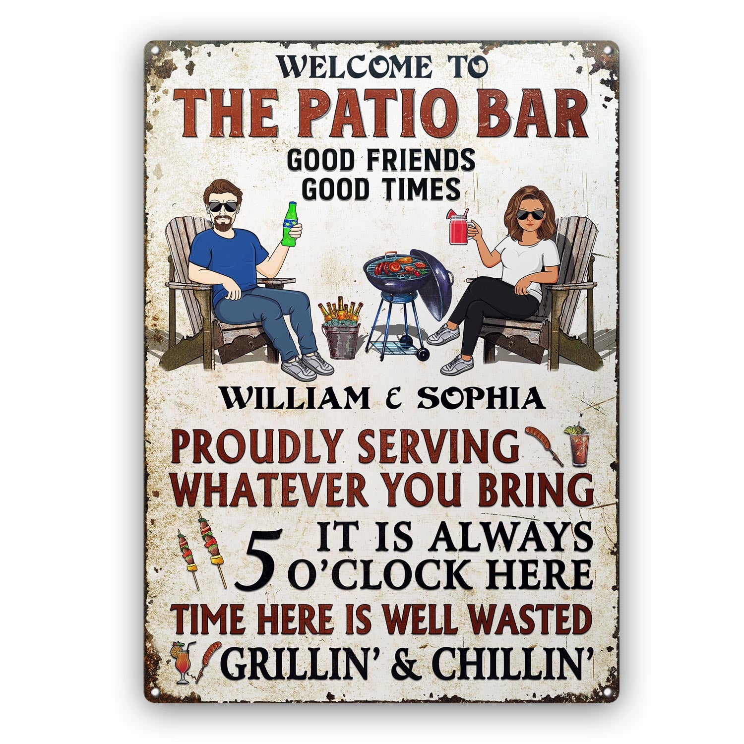 Welcome To Our Patio Proudly Serving Whatever You Bring Couple Husband Wife - Backyard Sign - Personalized Custom Classic Metal Signs