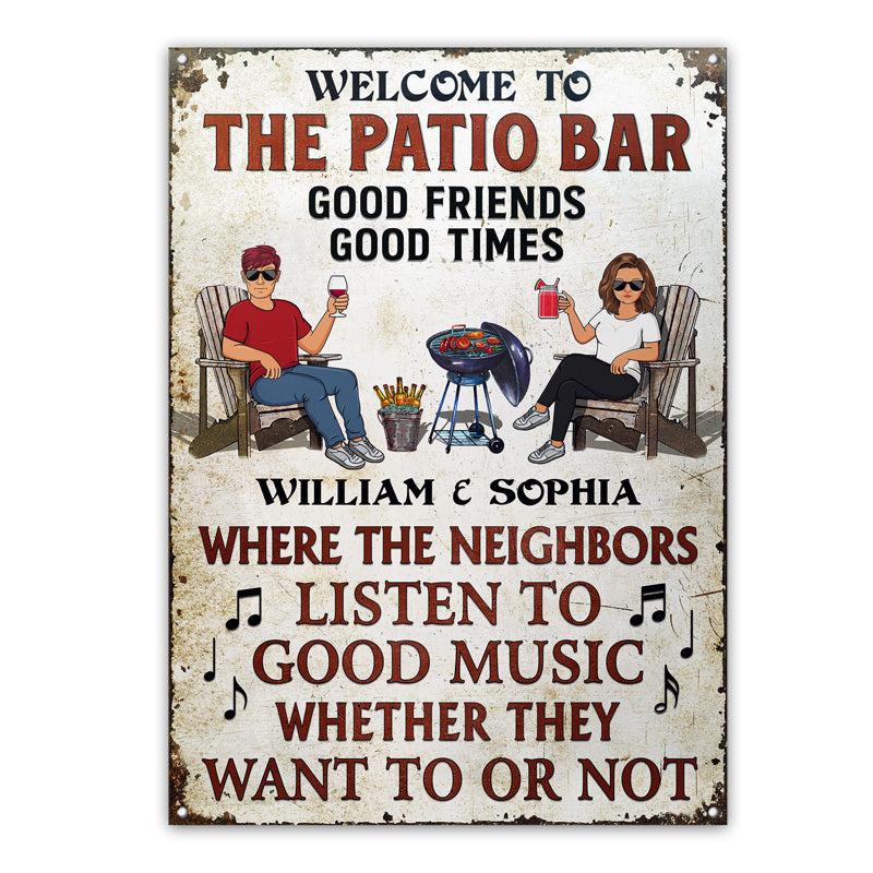 Patio Grilling Listen To The Good Music Couple Husband Wife Vertical - Backyard Sign - Personalized Custom Classic Metal Signs