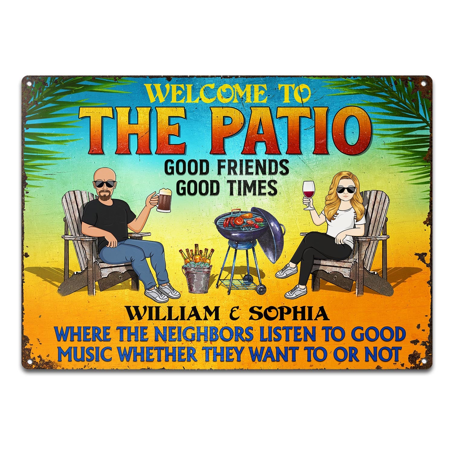 Patio Grilling Listen To The Good Music Couple Husband Wife Summer - Backyard Sign - Personalized Custom Classic Metal Signs