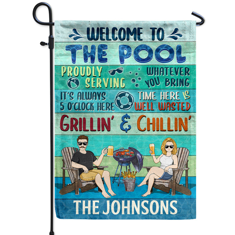 Poolside Proudly Serving Whatever You Bring Husband Wife Couple - Outdoor Decor - Personalized Custom Flag