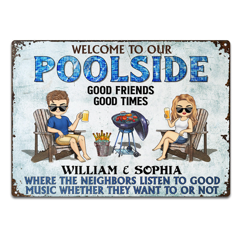 Poolside Grilling Listen To The Good Music Couple Husband Wife Chibi - Backyard Sign - Personalized Custom Classic Metal Signs