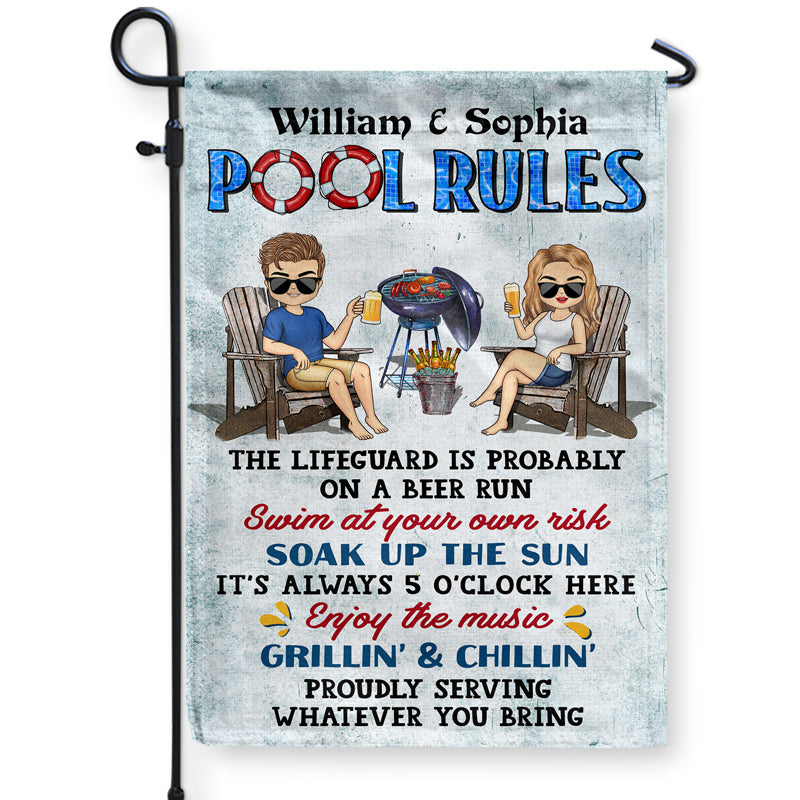 Pool Rules Swim At Your Own Risk Grilling Couple Husband Wife Chibi - Backyard Decor - Personalized Custom Flag
