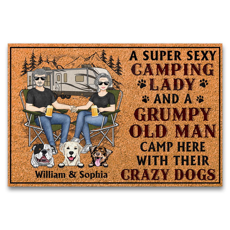 Camping Couple A Super Sexy Camping Lady And A Grumpy Old Man Camp Here With Their Dogs - Gift For Dog Lovers - Personalized Custom Doormat