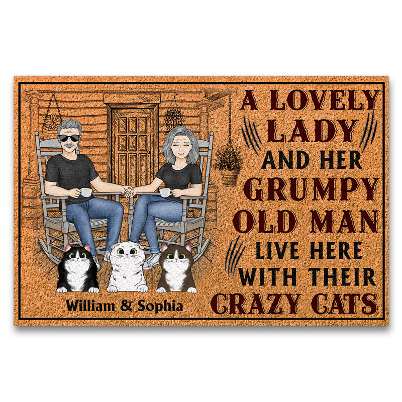 Cat Couple A Lovely Lady And A Grumpy Old Man Live Here - Gift For Cat Lovers - Personalized Custom Doormat