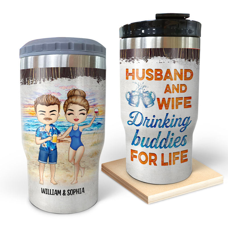 Beach Chibi Couple Husband And Wife Drinking Buddies For Life - Gift For Couples - Personalized Custom Triple 3 In 1 Can Cooler