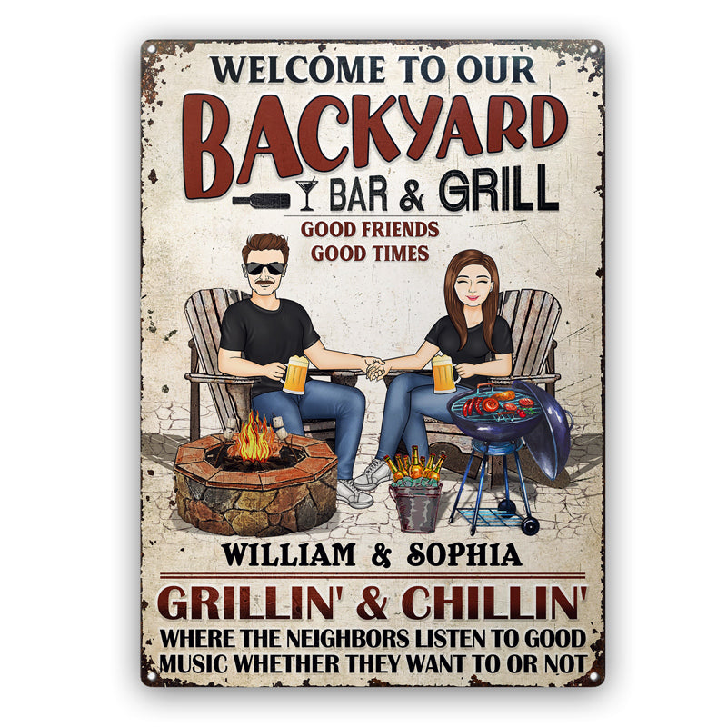 Backyard Bar Family Couple Listen To The Good Music - Patio Sign - Personalized Custom Classic Metal Signs
