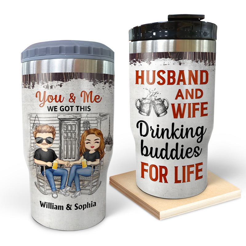 Family Chibi Couple Husband And Wife Drinking Buddies For Life - Couple Gift - Personalized Custom Triple 3 In 1 Can Cooler