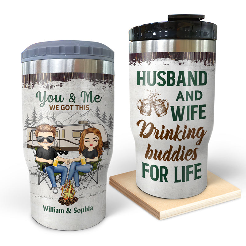 Family Camping Chibi Couple Husband And Wife Drinking Buddies For Life - Couple Gift - Personalized Custom Triple 3 In 1 Can Cooler
