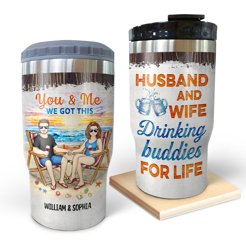 Beach Couple Husband And Wife Drinking Buddies For Life - Gift For Couples - Personalized Custom Triple 3 In 1 Can Cooler