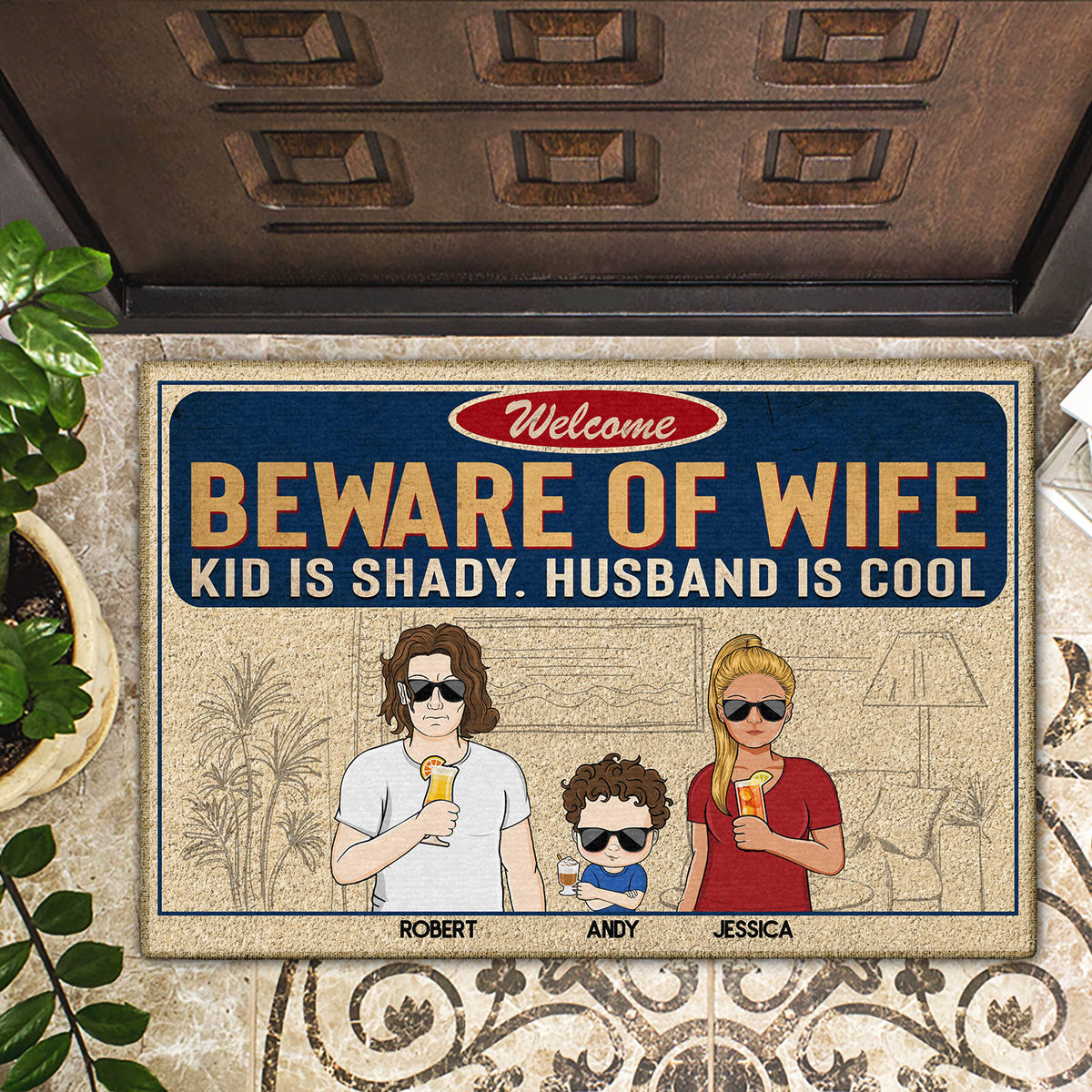 Front Door Mat Welcome Mat Welcome Beware of Wife Kids and Pets are Also  Shady Husband is Cool Rubber Non Slip Backing Funny Doormat Indoor Outdoor