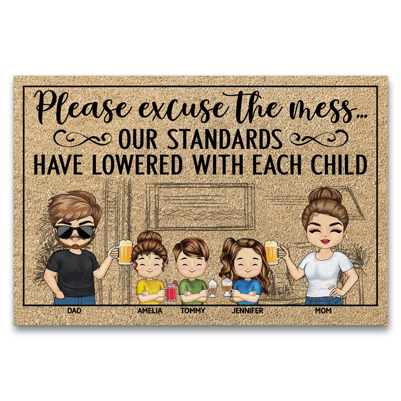 Please Excuse The Mess Our Standards Have Lowered With Each Child Chibi Couple Husband Wife Family - Personalized Custom Doormat
