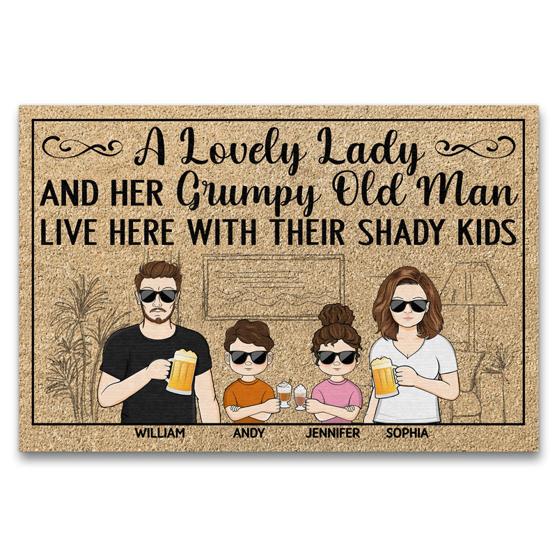 A Lovely Lady And Her Grumpy Old Man Live Here With Their Shady Kids Couple Husband Wife Family - Personalized Custom Doormat