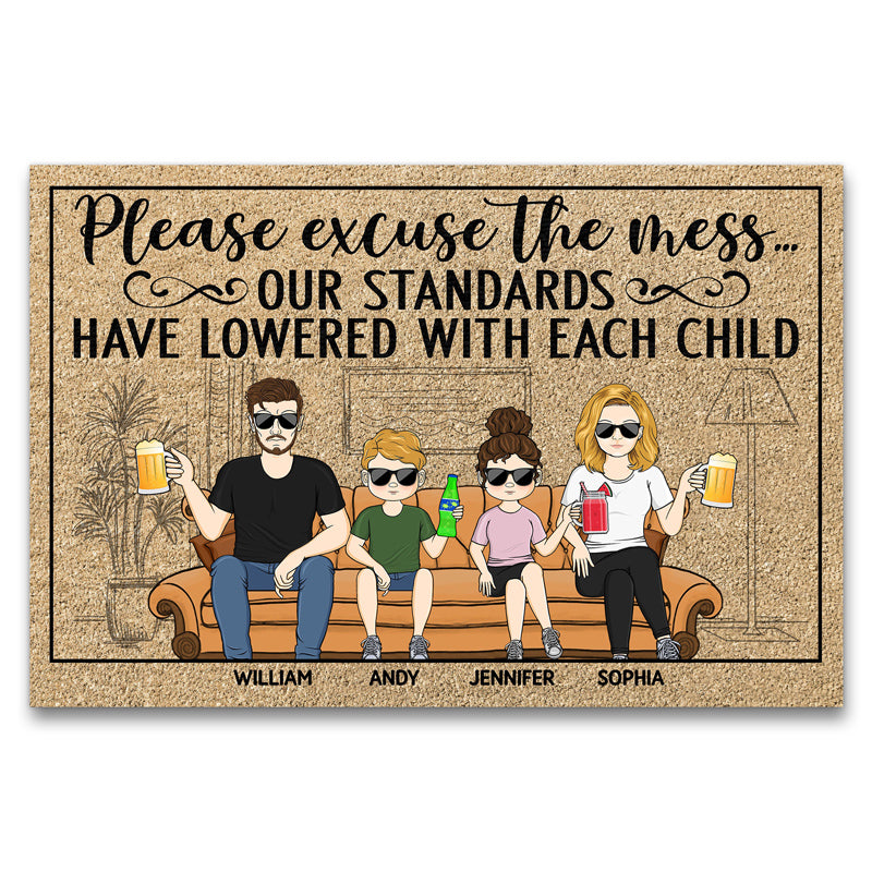 Please Excuse The Mess Our Standards Have Lowered With Each Child Sitting Couple Husband Wife Family - Personalized Custom Doormat