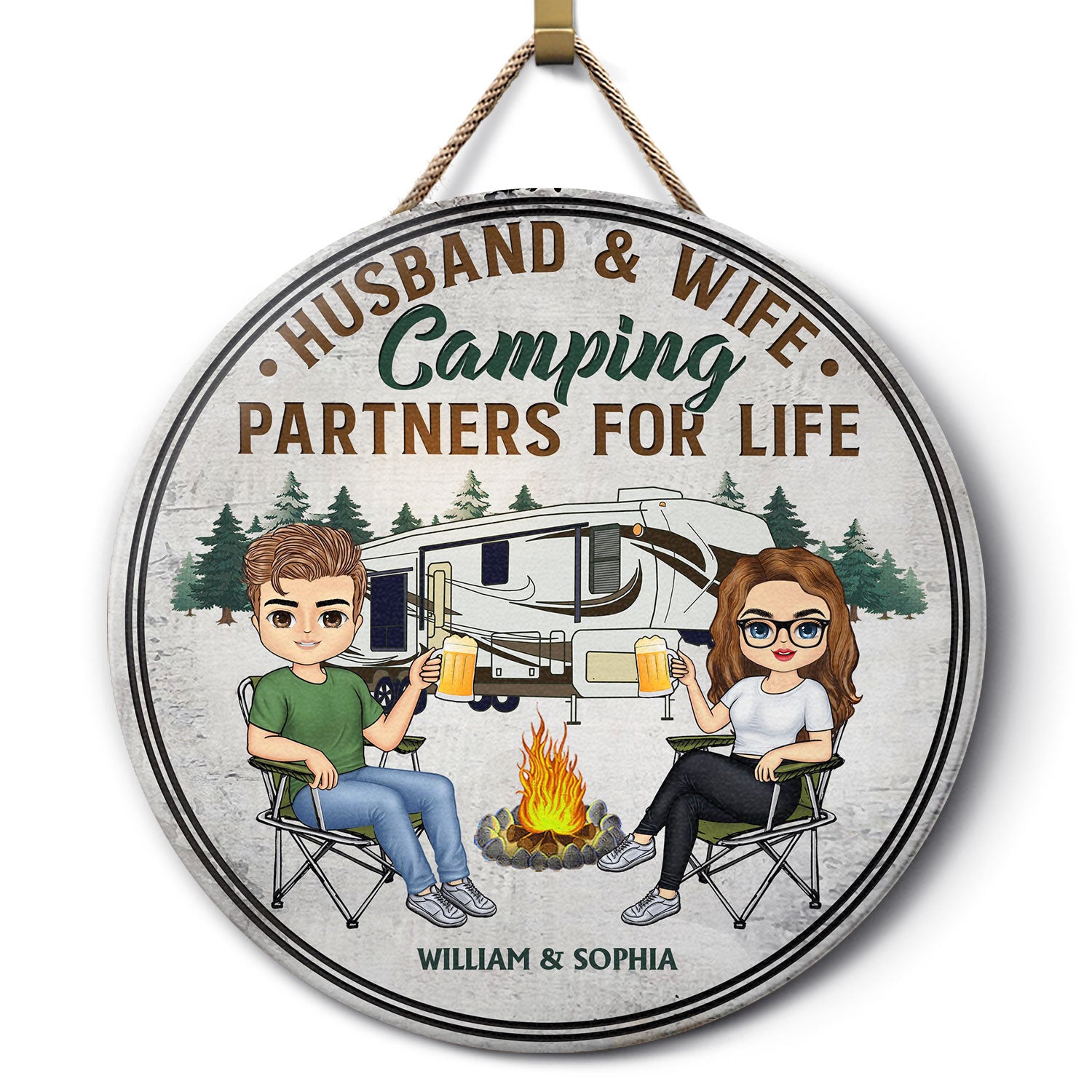 Husband And Wife Camping Partners For Life - Couple Gift - Personalized Custom Wood Circle Sign