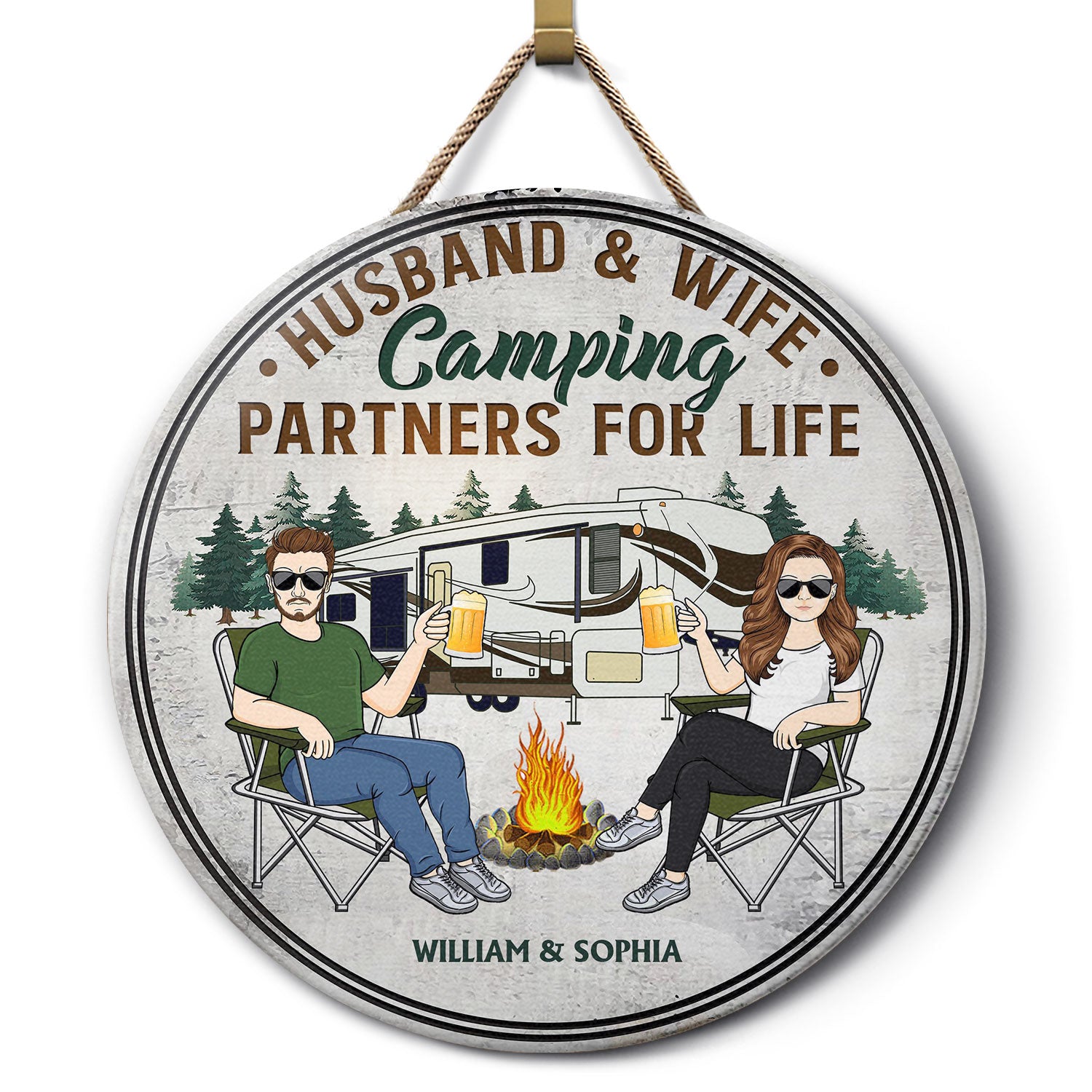 Husband And Wife Camping Partners For Life Family - Couple Gift - Personalized Custom Wood Circle Sign