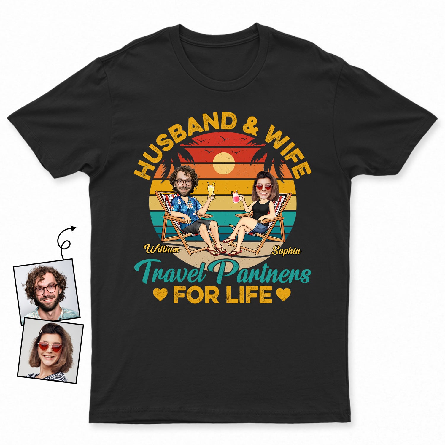 Custom Photo Husband And Wife Travel Partners For Life Beach Traveling Couple - Personalized Custom T Shirt