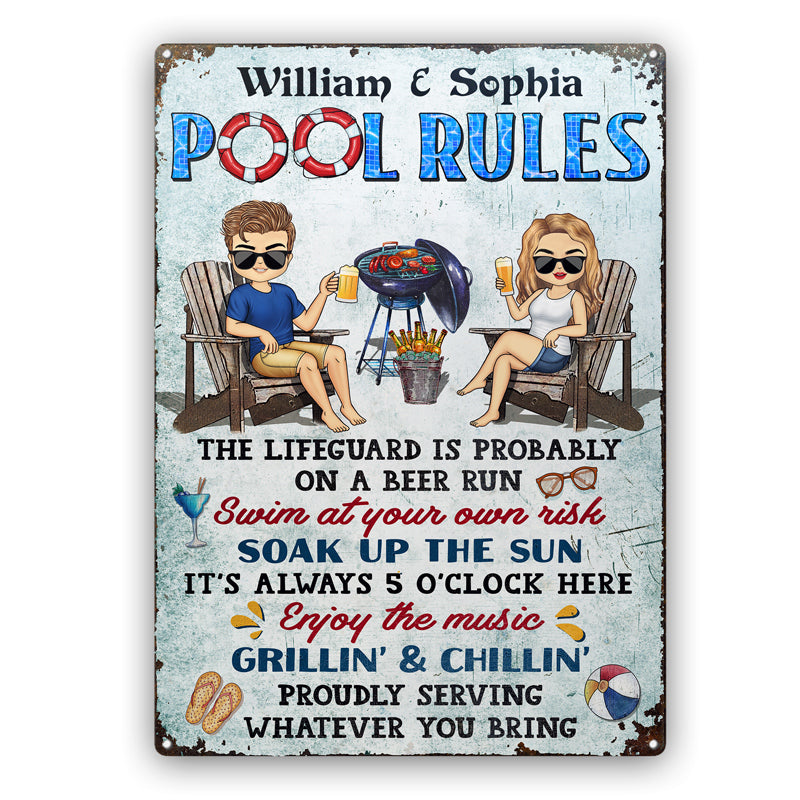 Pool Rules Swim At Your Own Risk Grilling Couple Husband Wife Chibi - Backyard Sign - Personalized Custom Classic Metal Signs
