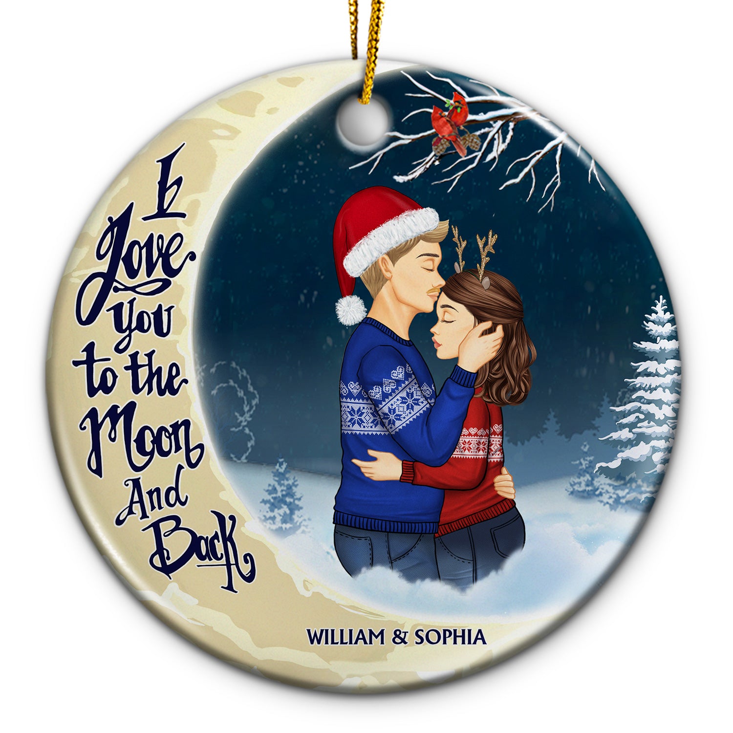 Christmas Family Couple I Love You To The Moon And Back - Gift For Couples - Personalized Custom Circle Ceramic Ornament