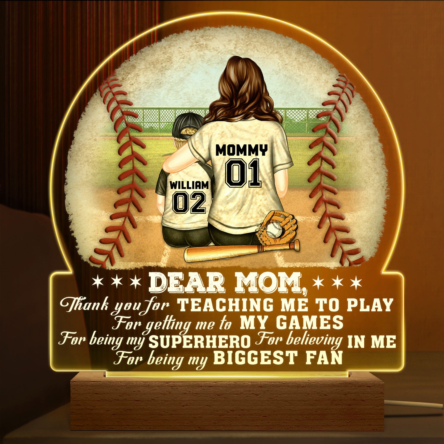 Dear Mom Thank You For Teaching Me - Birthday, Loving Gift For Baseball, Softball Fan, Mom, Mother - Personalized Custom 3D Led Light Wooden Base
