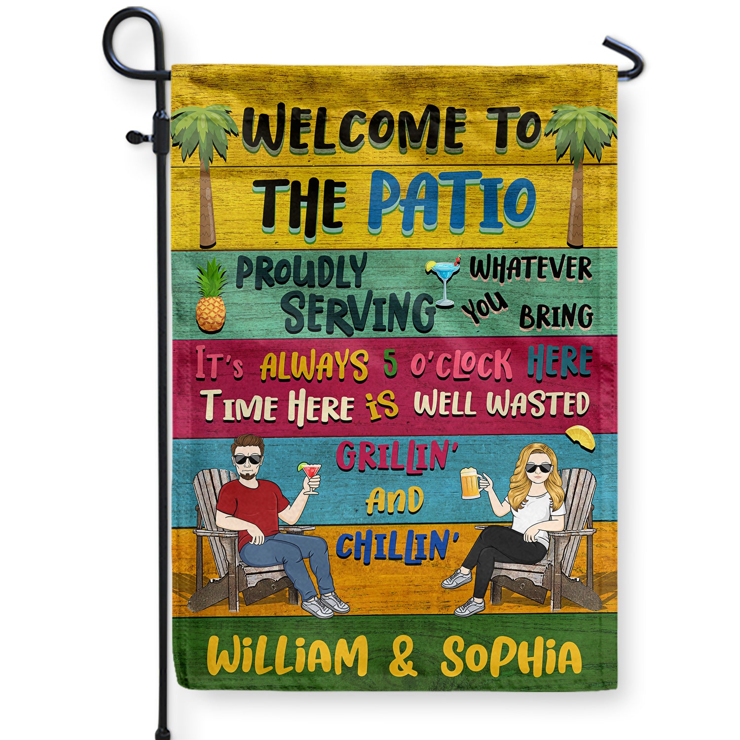 Patio Welcome Grilling Proudly Serving Whatever You Bring Cartoon Couple Single - Home Decor, Backyard Decor, Gift For Her, Him, Family, Couples, Husband, Wife - Personalized Custom Flag