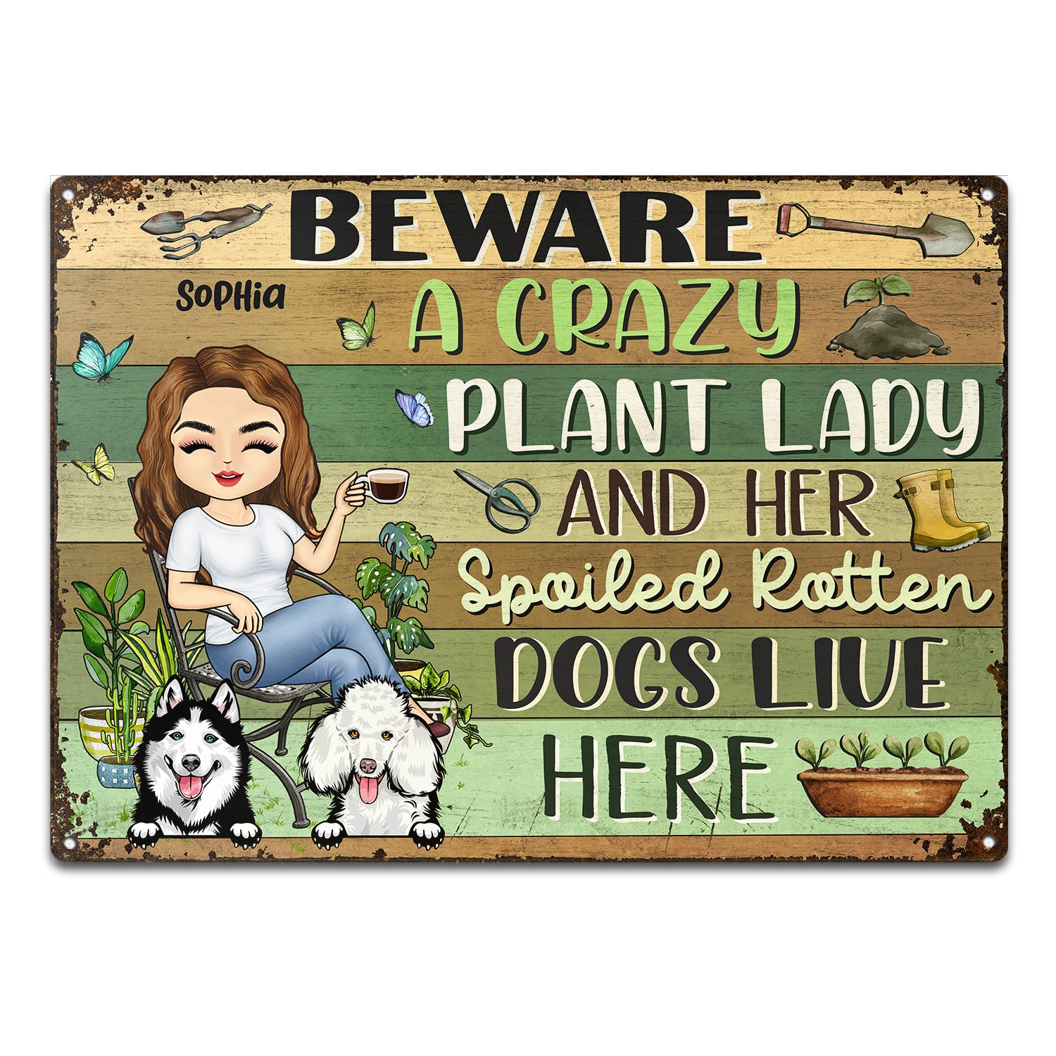 Beware A Crazy Plant Lady & Her Spoiled Rotten Dogs Cats Live Here Gardening Chibi - Garden Sign, Birthday, Housewarming Gift For Her, Him, Gardener, Outdoor Decor - Personalized Custom Classic Metal Signs