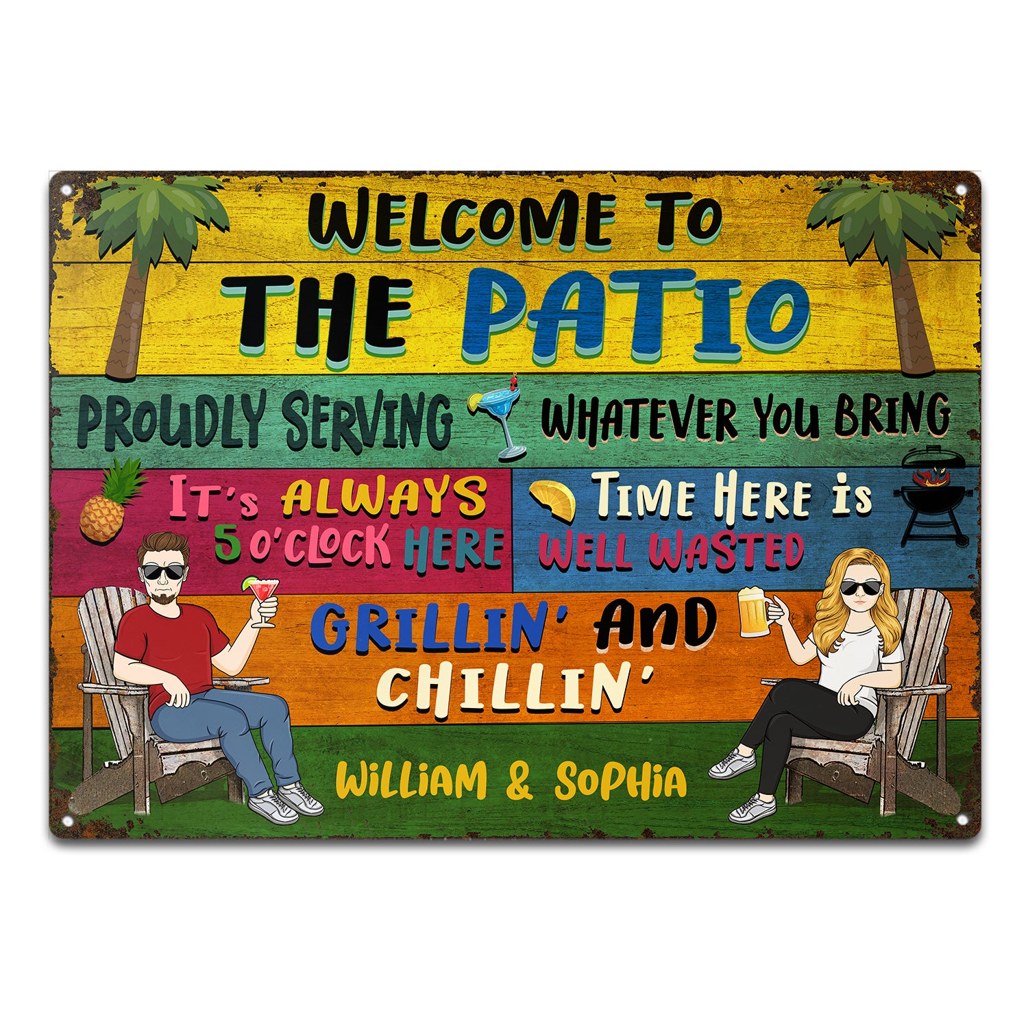 Patio Welcome Grilling Proudly Serving Whatever You Bring Couple Single Horizontal - Home Decor, Backyard Decor, Gift For Her, Him, Family, Husband, Wife - Personalized Custom Classic Metal Signs