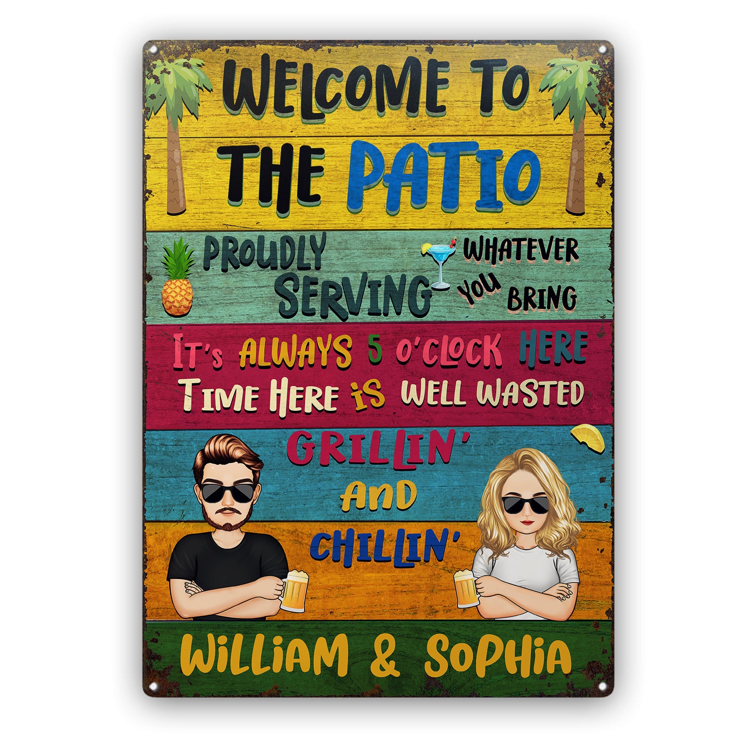 Patio Welcome Grilling Proudly Serving Whatever You Bring Cartoon Couple Single - Home Decor, Backyard Decor, Gift For Her, Him, Family, Husband, Wife - Personalized Custom Classic Metal Signs