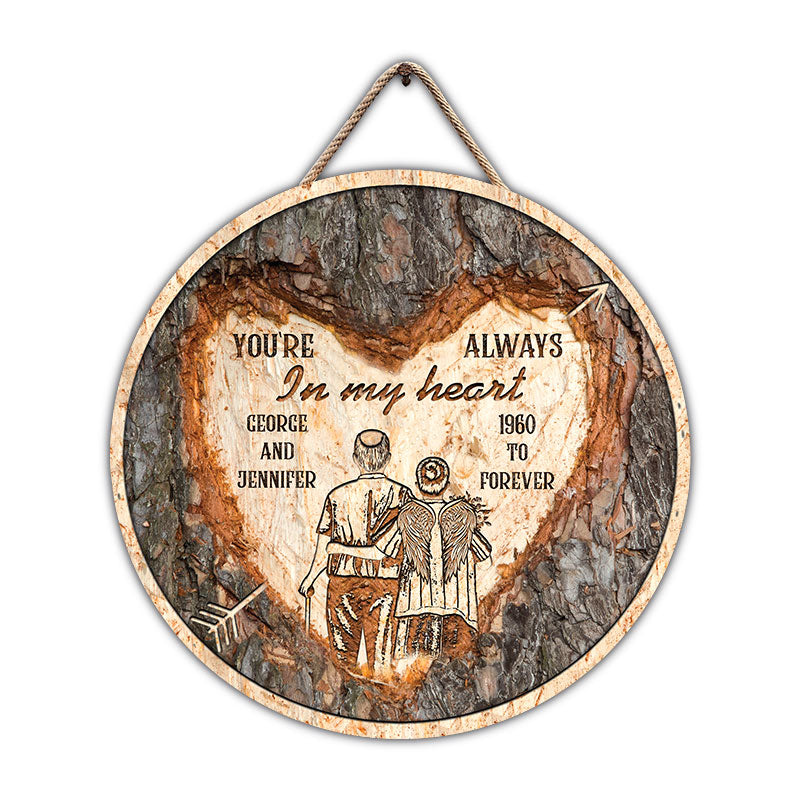 Always In My Heart Family Old Couple - Memorial Gift - Personalized Custom Wood Circle Sign