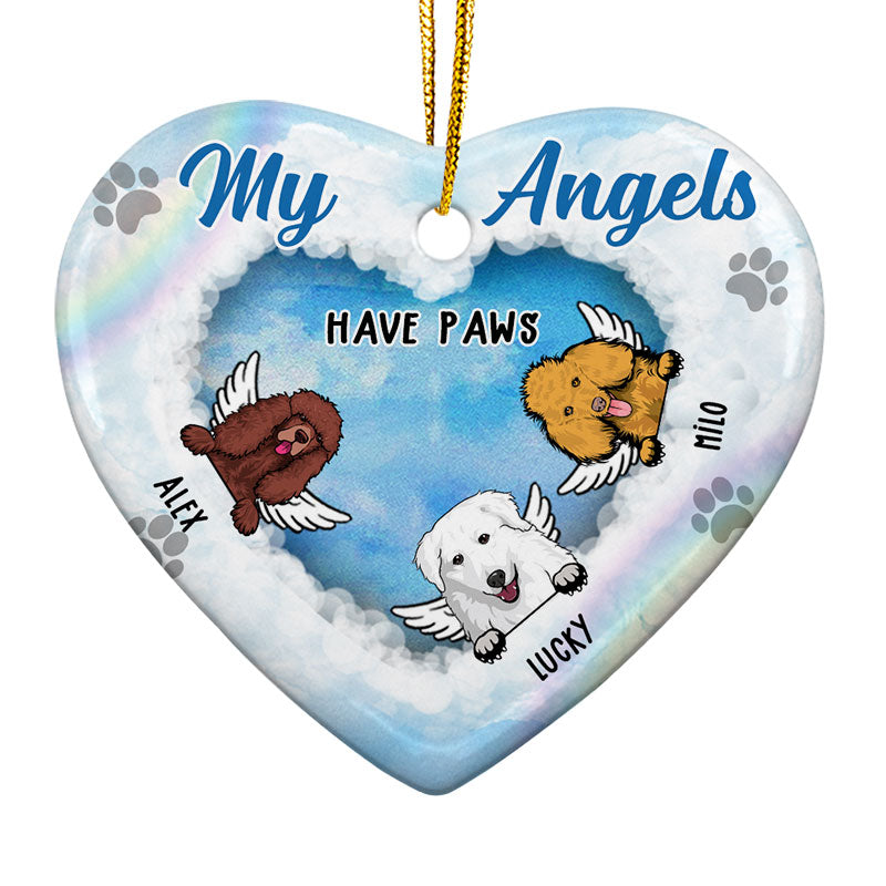 Dog Lovers Memorial My Angels Has Paws - Memorial Gift - Personalized Custom Heart Ceramic Ornament