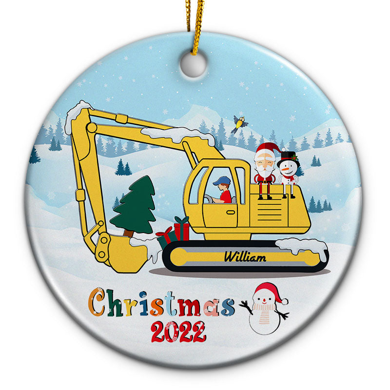 Kids Christmas Gift Excavator Construction Heavy Equipment - Gift For Kids - Personalized Custom Circle Ceramic Ornament