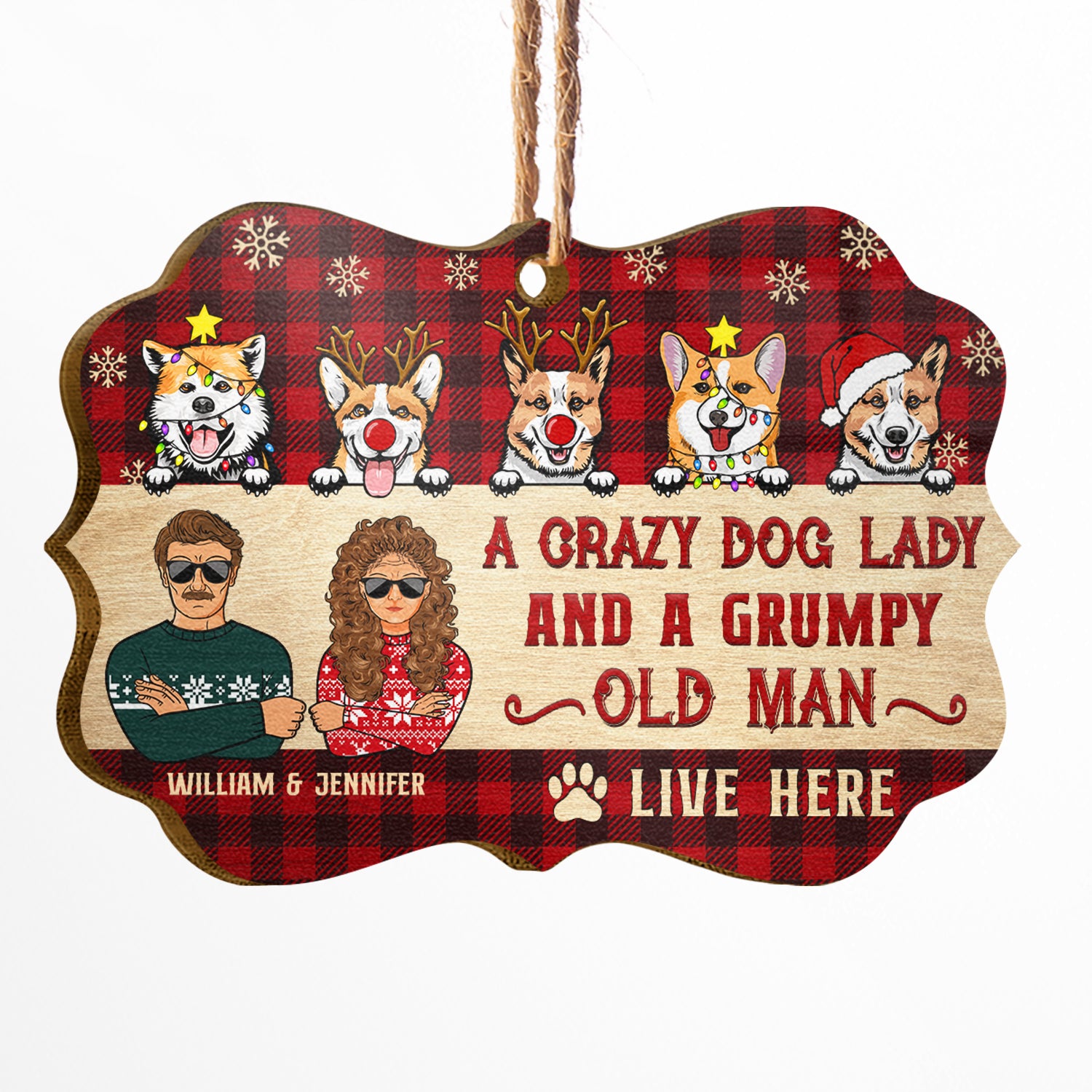 Dog Lovers Crazy Dog Lady And Grumpy Old Man Live Here - Personalized Custom Wooden Ornament