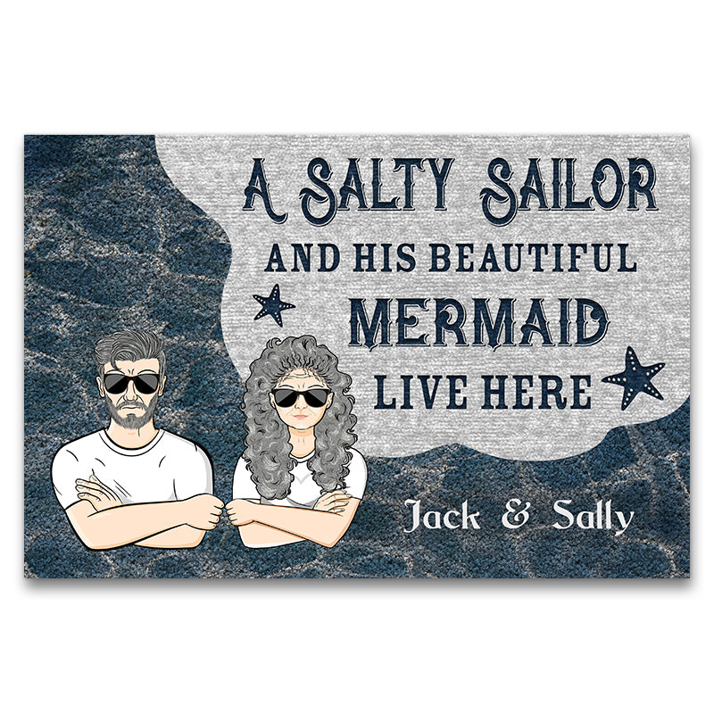 Beach Lovers Couple Salty Sailor And His Beautiful Mermaid - Personalized Custom Doormat
