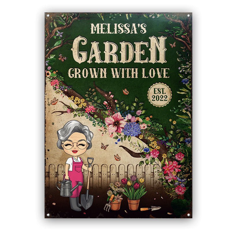 Chibi Girl Grown With Love - Gift For Gardeners - Personalized Custom Classic Metal Signs