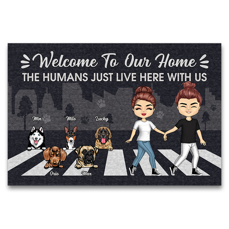 Couple Chibi Dog Lovers The Human Just Live Here - Personalized Custom Doormat