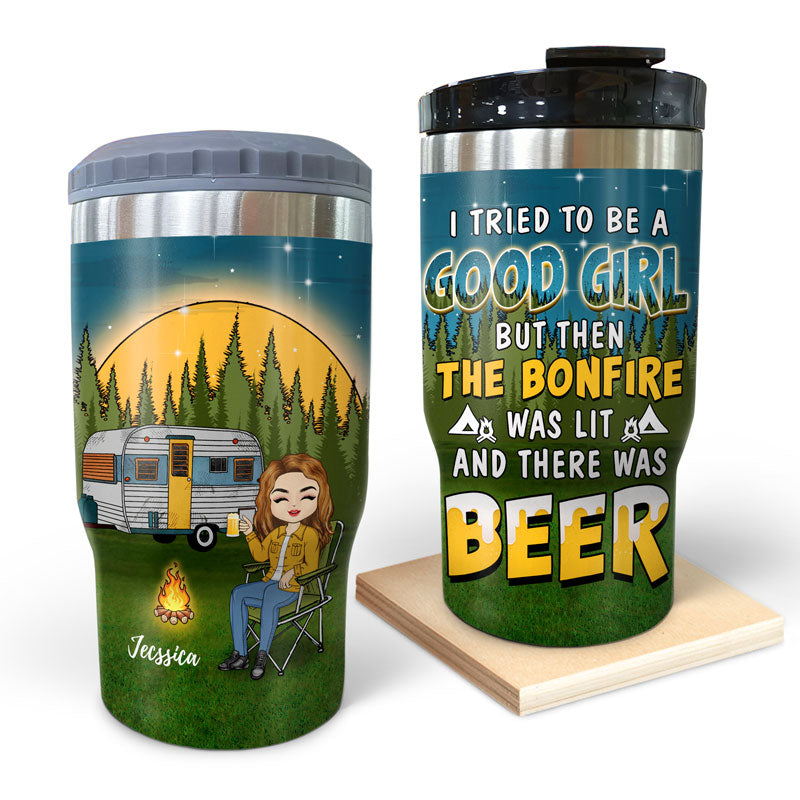 Camping I Tried To Be A Good Girl - Personalized Custom Triple 3 In 1 Can Cooler