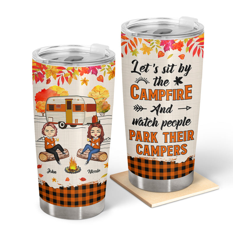 Autumn Camping Couple Sit By The Campfire - Personalized Custom Tumbler