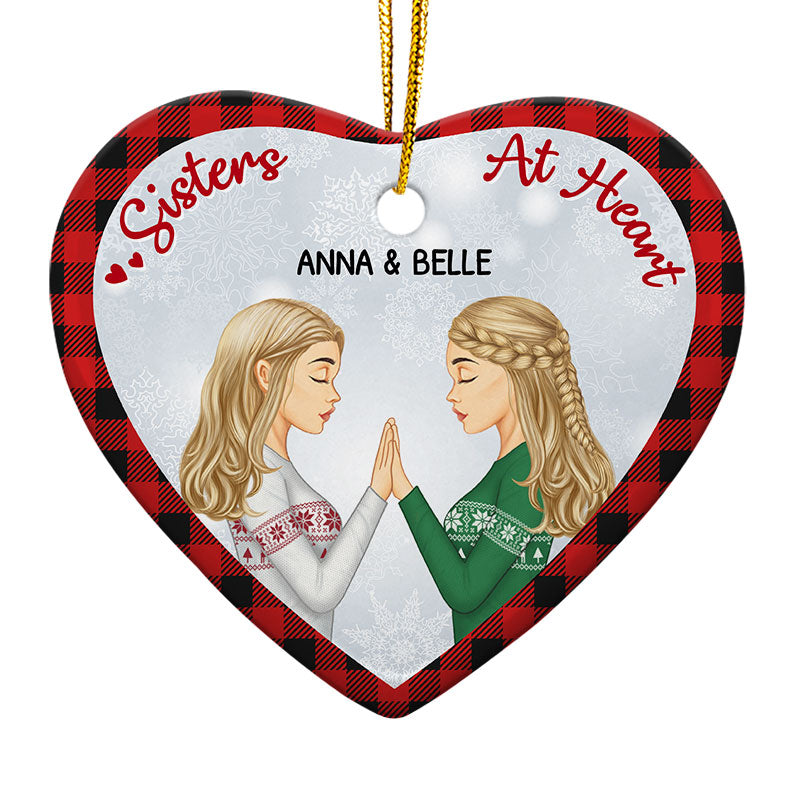 Christmas Sisters At Heart - Gift For Sisters - Personalized Custom Heart Ceramic Ornament