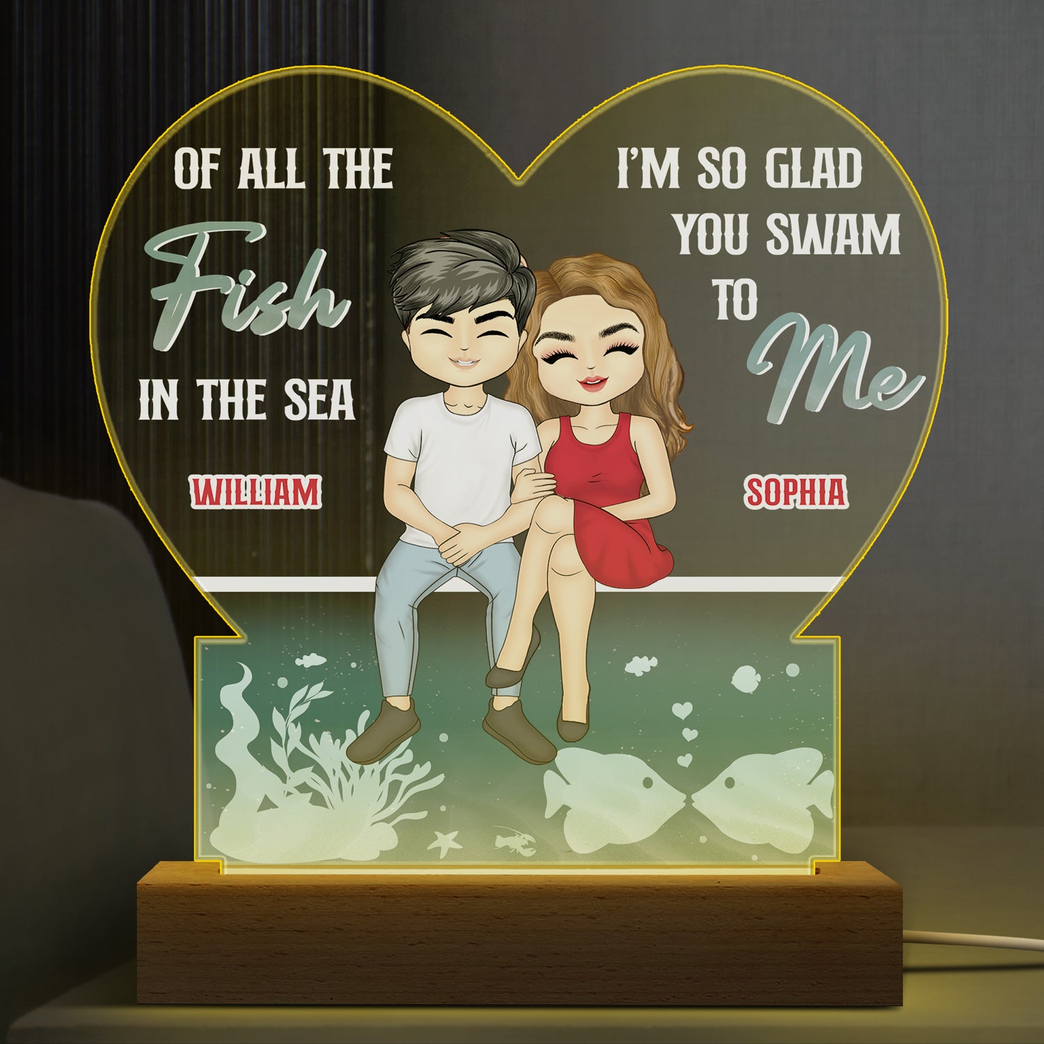 Glad You Swam To Me - Gift For Couples - Personalized Custom 3D Led Light Wooden Base