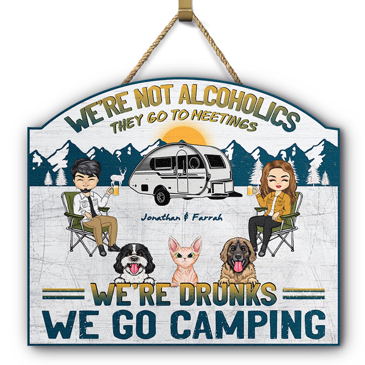 Camping We're Drunks Dog Cat - Gift For Couples - Personalized Custom Shaped Wood Sign