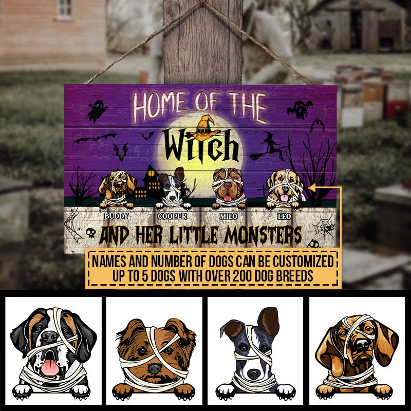 The Witch And Her Little Monsters Custom Wood Rectangle Sign, Halloween Decor