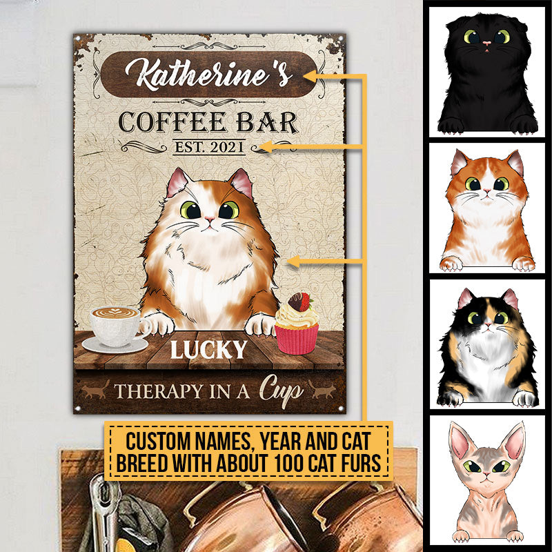 Therapy In A Cup, Cat Lover Gift, Personalized Coffee Bar Custom Classic Metal Signs