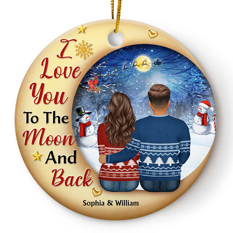 Christmas Couple I Love You To The Moon And Back - Christmas Gift For Couple - Personalized Custom Circle Ceramic Ornament