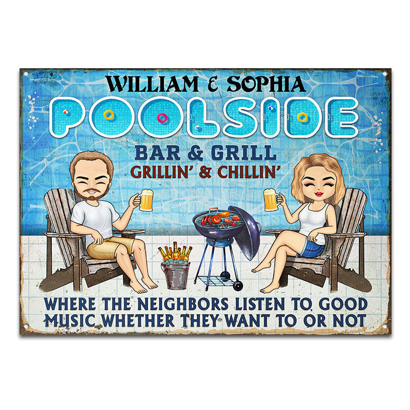 Poolside Listen To The Good Music Bar Grilling Swimming - Personalized Custom Classic Metal Signs