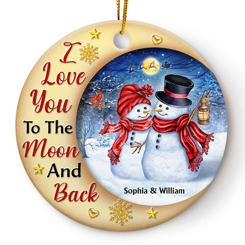 Snowman Couple I Love You To The Moon And Back - Christmas Gift For Couple - Personalized Custom Circle Ceramic Ornament
