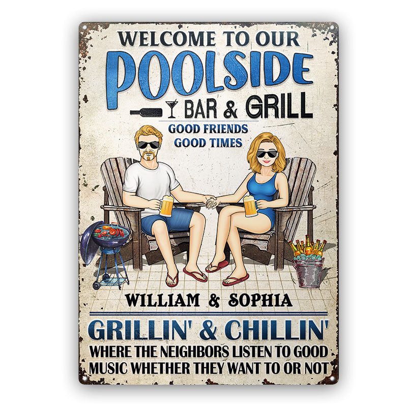 Swimming Poolside Family Couple Listen To The Good Music - Pool Sign - Personalized Custom Classic Metal Signs